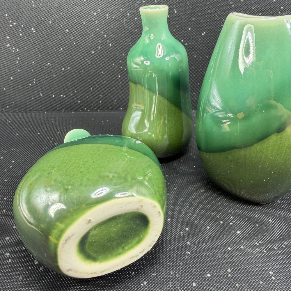 IKEA‎ 3 Piece Bud Vase Set Green Two Tone Glazed Ceramic Organic Shape 4.5 Inch